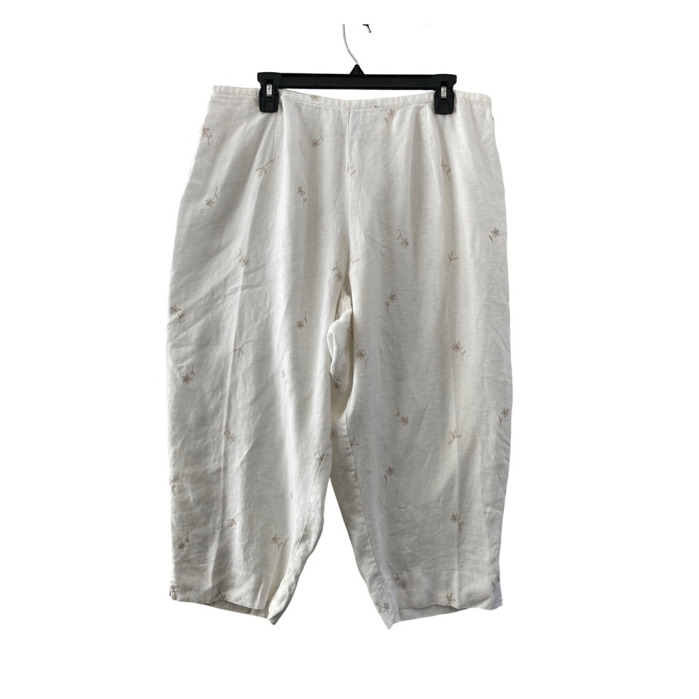 Maggie McNaughton Linen Capri Pants Womens 2X White Floral Embroidered Cropped